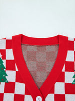 Christmas Tree Pattern Checkered Button V Neck Cardigan