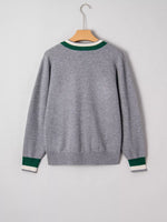 Contrast Striped Trim V Neck Varsity Sweater