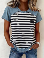 Denim Patchwork Short Sleeve Blouse