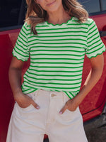 Striped Scallop-Trimmed Round Neck T-Shirt