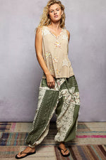 POL Washed Ribbed V-Neck Tank with Floral Print Star Patch