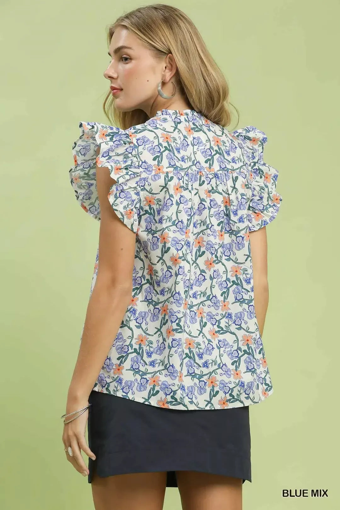 Umgee Floral Print RuffleCap Sleeve Shirt