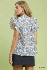 Umgee Floral Print RuffleCap Sleeve Shirt