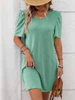 Textured Round Neck Short Sleeve Mini Dress