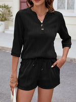 Textured Notched Top and Drawstring Shorts Set