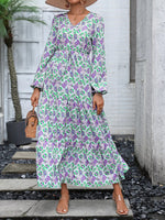 Printed V-Neck Long Sleeve Dress