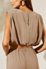 Solid Color Keyhole Puffy Tank Drawstring Loose Pants 2pcs Outfit