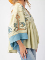 Printed V-Neck Top with Contrast Trim Details