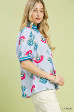 Umgee Print Puff Sleeve Blouse with Contrast Trim