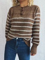 Striped Button Detail Long Sleeve Sweater