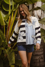 BiBi Patchwork Striped Round Neck Sweatshirt