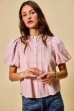 SO ME Gingham Lace Trim Button Bubble Sleeves Blouse