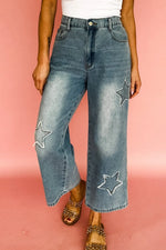 Star Embroidered High Waist Wide Leg Jeans