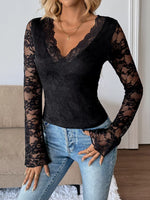Lace V-Neck Long Sleeve T-Shirt
