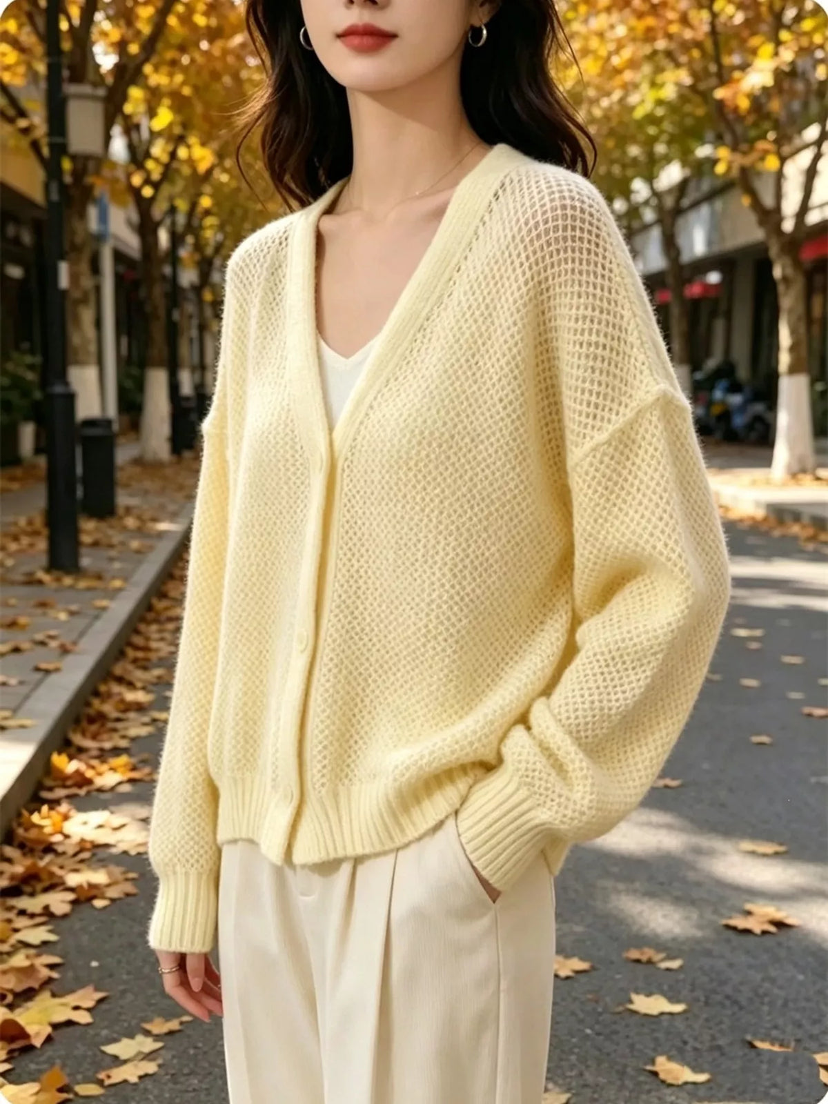 V-Neck Open-Knit Button-Down Cardigan