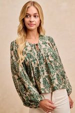 BiBi Printed Woven Front Tied Blouse with Baloon Sleeve