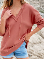 Drawstring V-Neck Waffle Knit Casual Hoodie