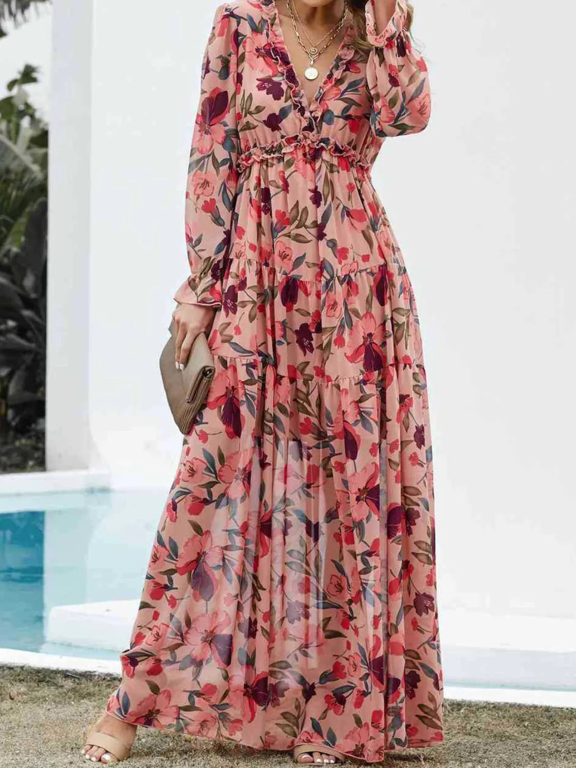 Frill Printed V-Neck Flounce Sleeve Dress
