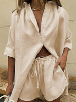 Button Up Shirt and Drawstring Shorts Set
