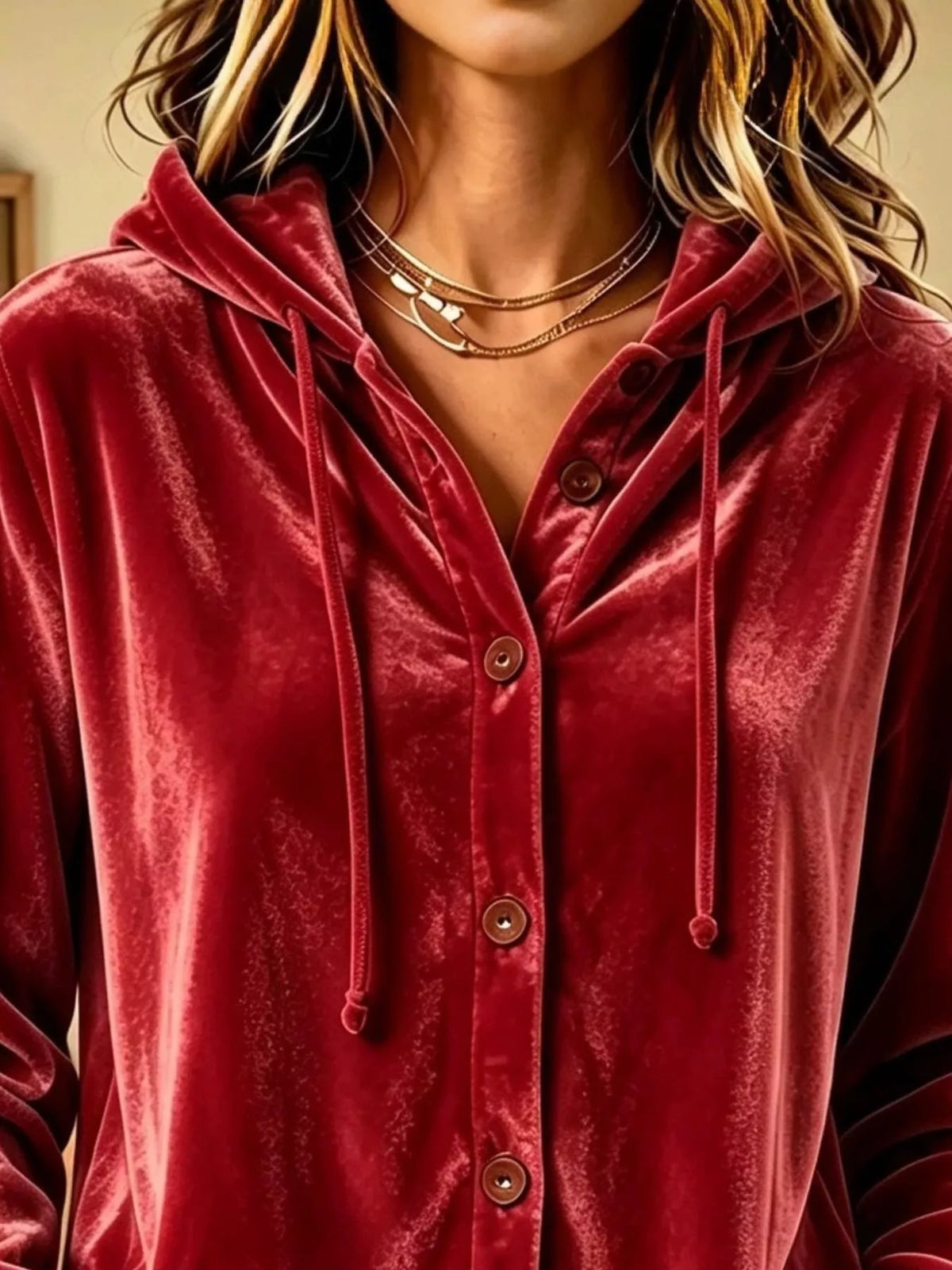 Full Size Velvet Button-Down Hooded Top Plus Size