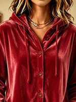 Full Size Velvet Button-Down Hooded Top Plus Size