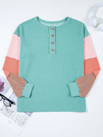 Color Block Ribbed Knit Henley Sweatshirt