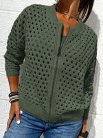 Full Size Zip Up Long Sleeve Cardigan with Eyelet Detail Plus Size