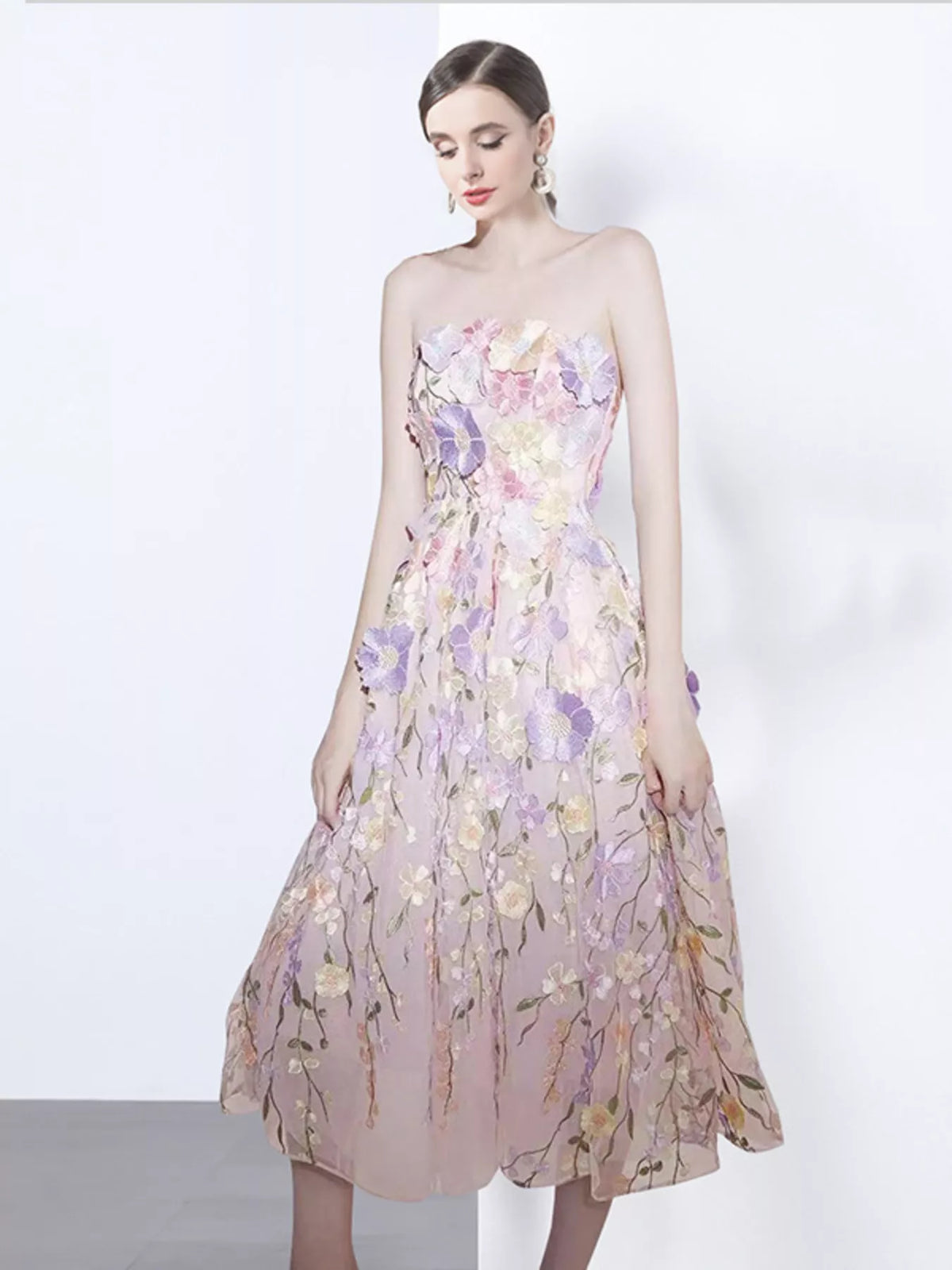 Strapless Floral Applique Midi Dress
