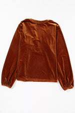 Velvet Button-Front Long Sleeve Blouse