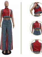 Zip Front Crop Top and Striped Pants Set
