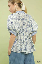 Umgee Mixed Print Puff Sleeve Split Neck Top