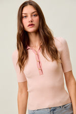 SO ME Contrast Collar Stretchy Rib Knit Short Sleeve Top