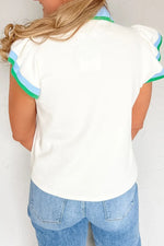 Contrast Ruffled Sleeve Collared V Neck Blouse