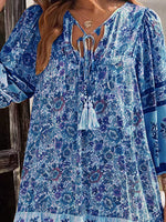 Floral Print Tassel Tie Neck Mini Dress