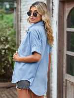 Short Sleeve Collared Neck Denim Shacket with Pockets