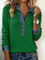 Full Size Denim Trim Button Front Ribbed Knit Top Plus Size