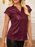 Sequin Notched Cap Sleeve Blouse