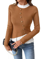 Decor Button Contrast Hem Knit Top