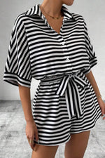 Striped Collared Neck Tie Waist Romper