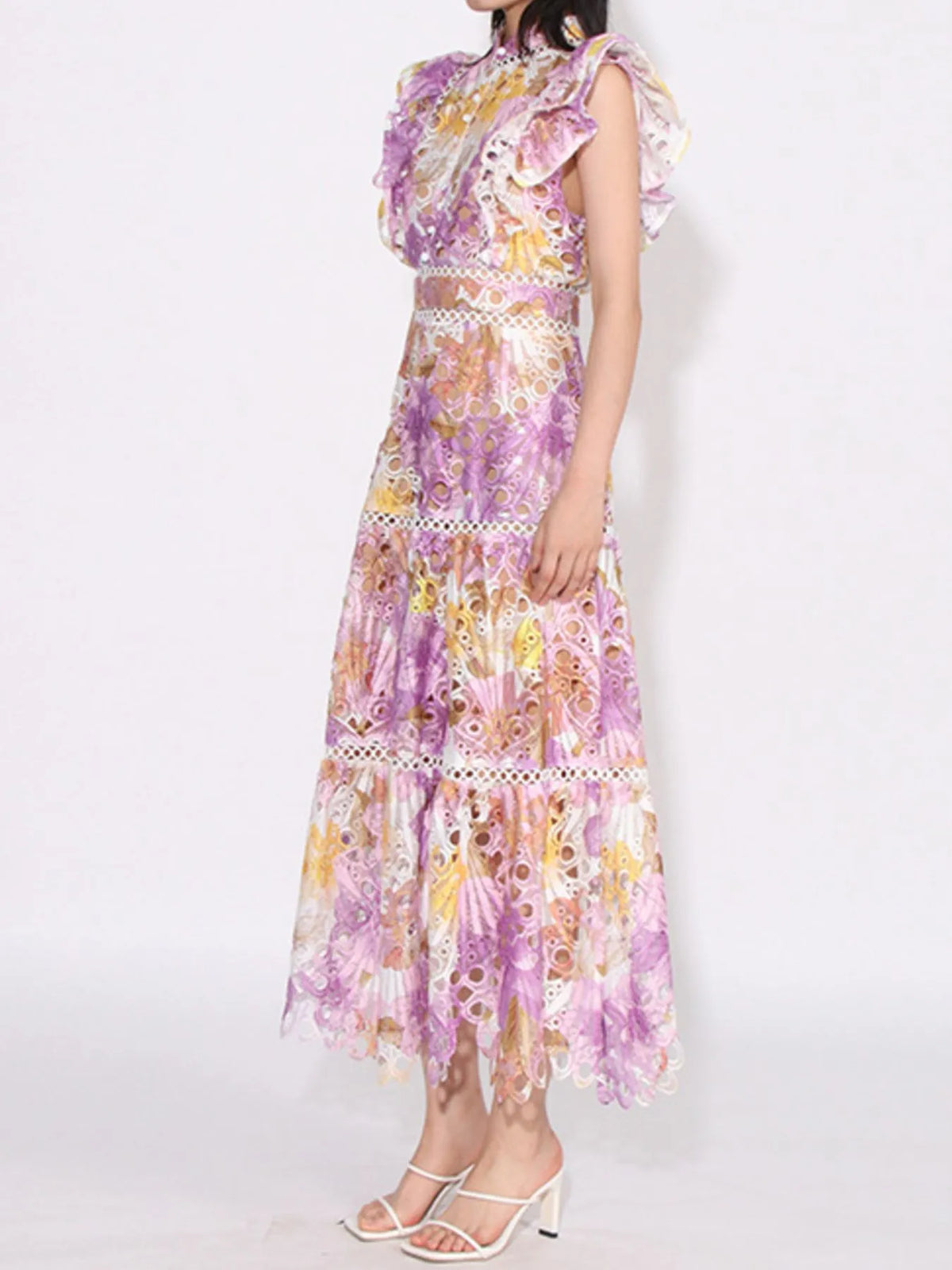 Ruffled Hollow Out Tiered Midi Dress