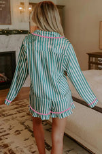 Stripe Contrast Ricrac Trim Long Sleeve Shirt Drawstring Ruffled Pajama Short Set