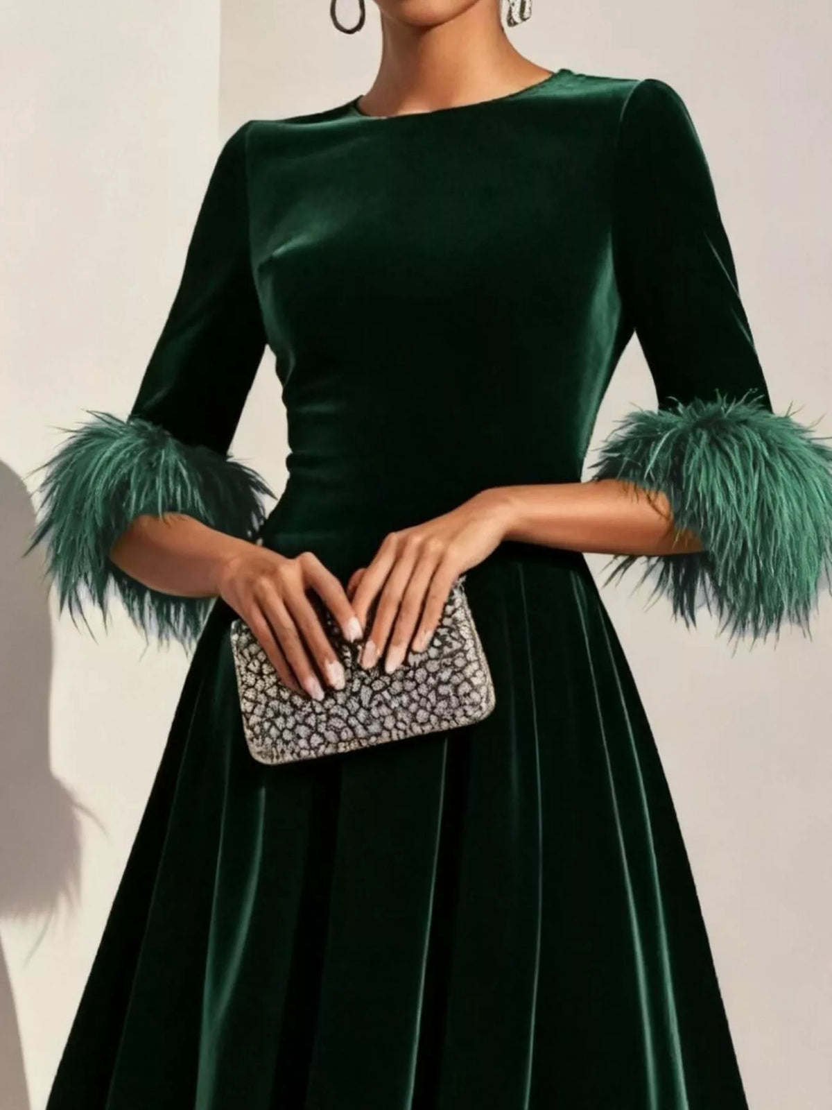 Velvet Midi Dress with Feather Cuffs