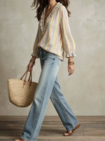 Striped Ruffle-Trim V-Neck Blouse