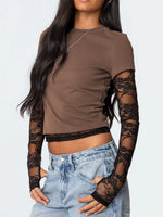 Cropped T-Shirt with Sheer Lace Sleeves