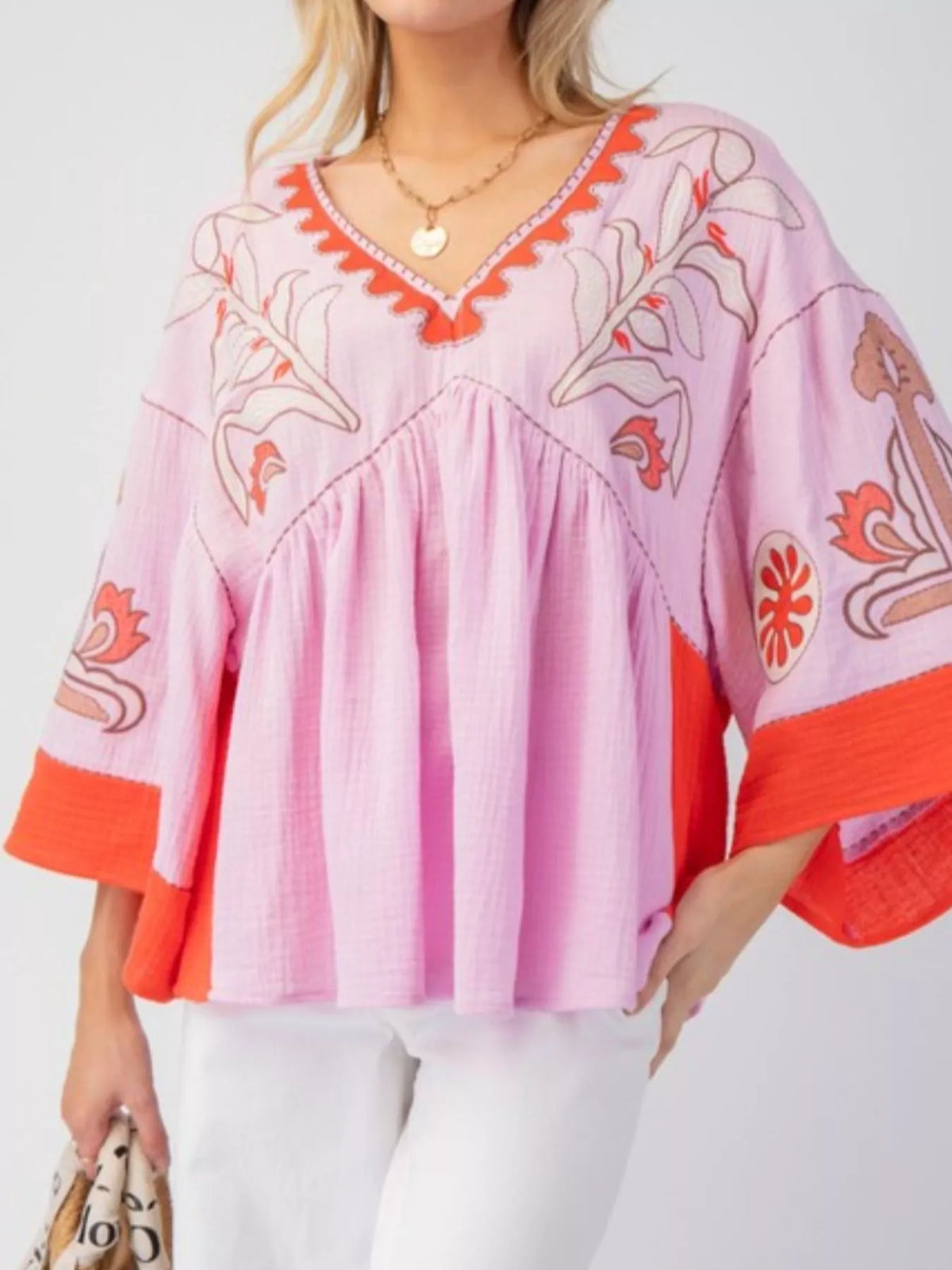 Printed V-Neck Top with Contrast Trim Details