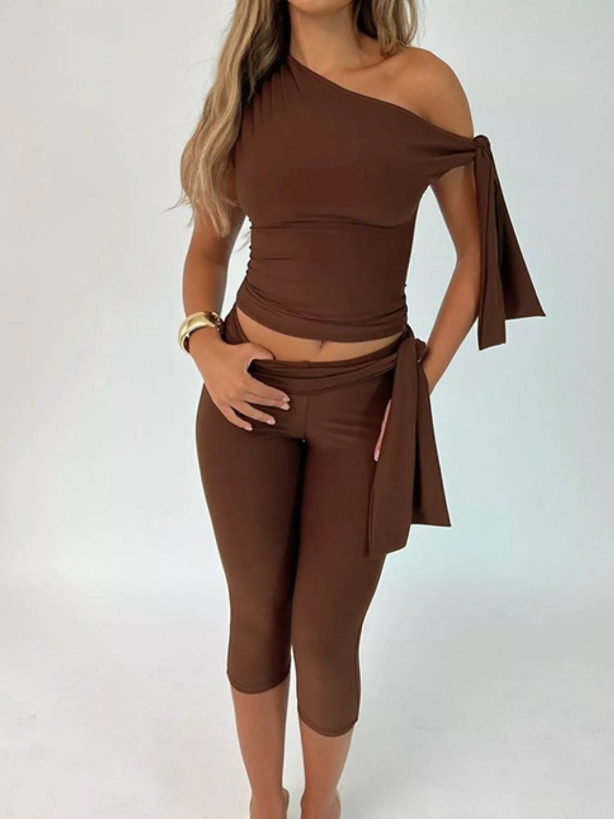 Tied One Shoulder Top and Capris Set