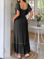 Square Neck Puff Sleeve Ruffle Trim Maxi Dress