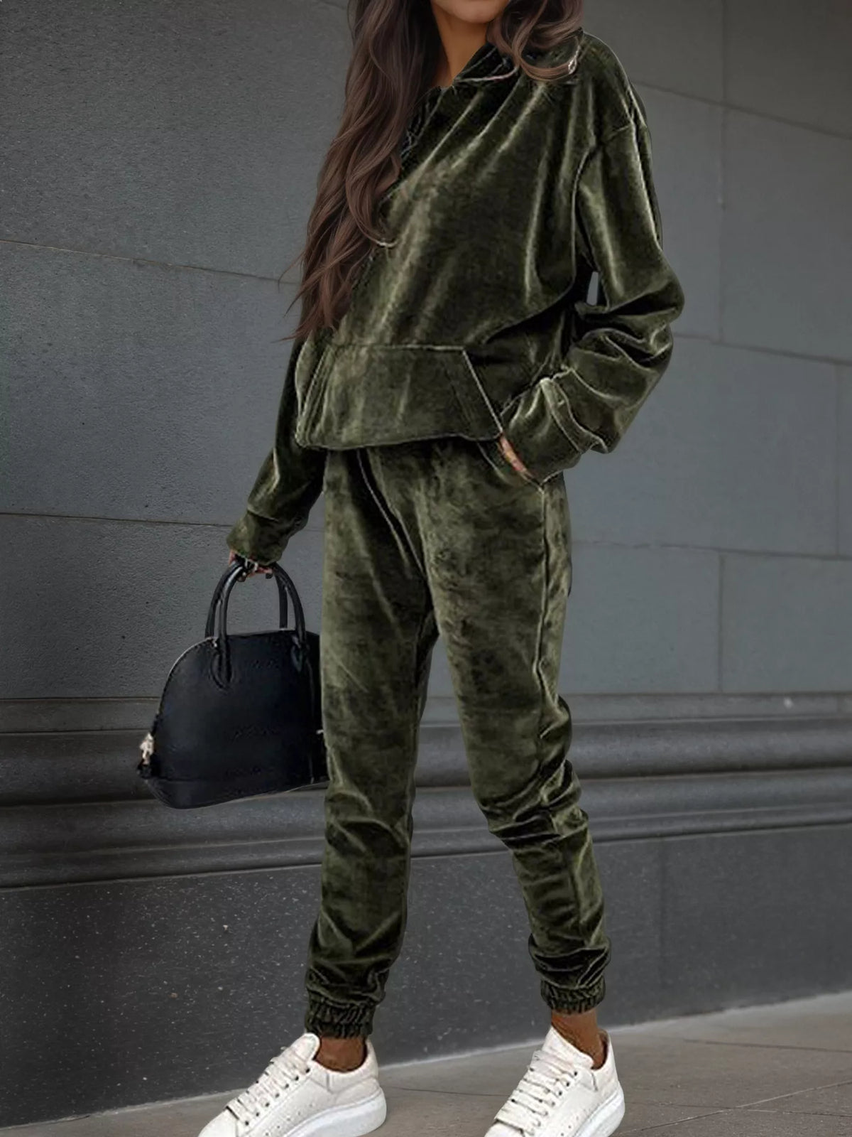 Velvet Long Sleeve Hoodie and Pants Set