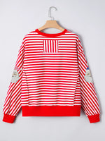 Stripe Sequin Santa Round Neck Raw Seam Detail Christmas Long Sleeve Top