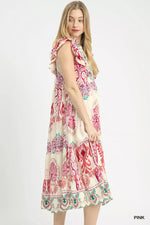 Umgee Boho Boarder Print Ruffle Midi Dress